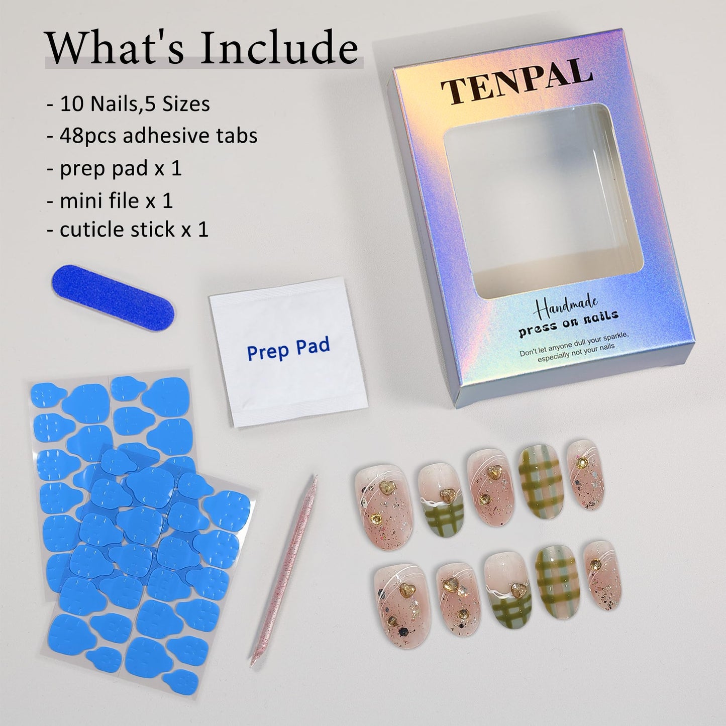 TENPAL French Tip Press on Nails Short Oval Cute Acrylic Pink Nails Press Ons Classic Checkered Grid Designs Fake Nails Reusable Full Cover Artificial Nails 10pcs Glue on Nails for Women Girls(XS)