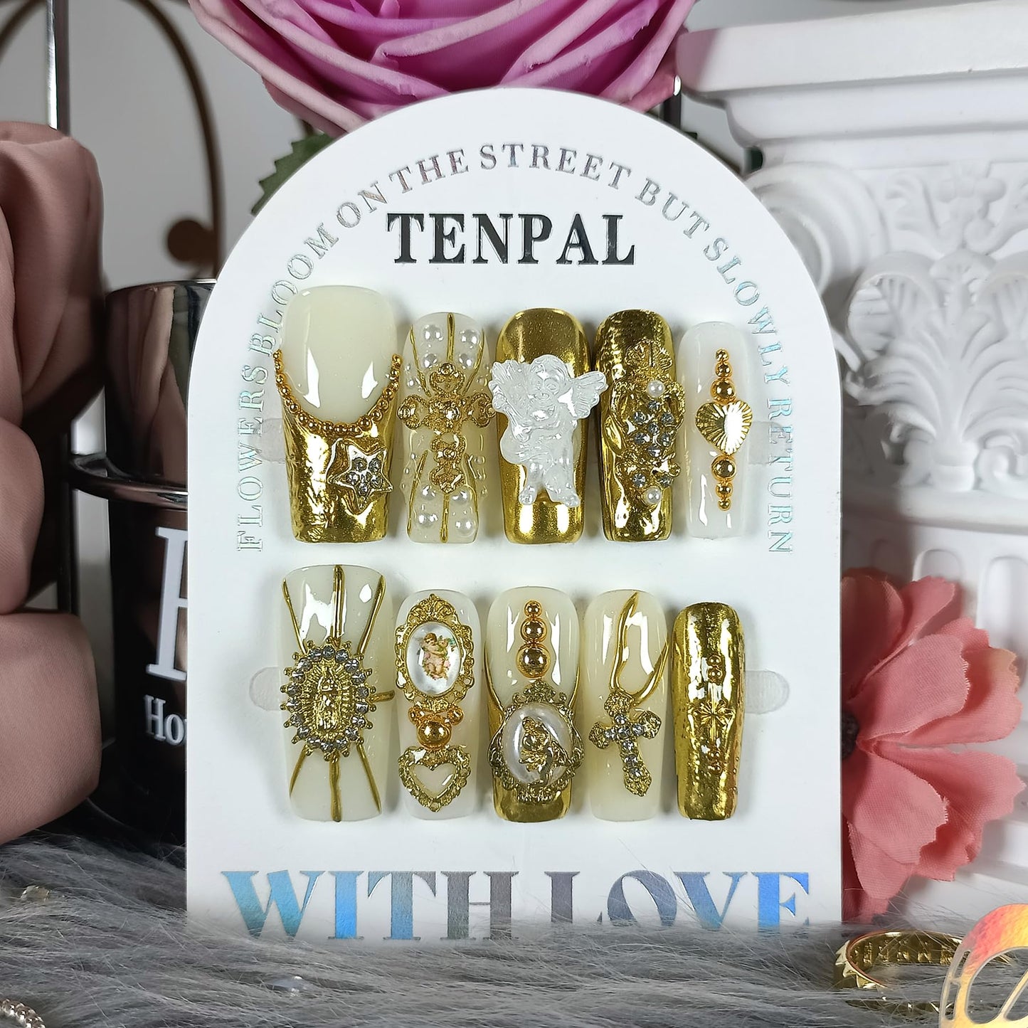 TENPAL Baroque Press on Nails Long Coffin 3D Embossed Pearl Cross Charm Luxury False Nails for Women Gold Glam Royal Cathedral Style Glue on Nails for Parties Holiday Events(S)
