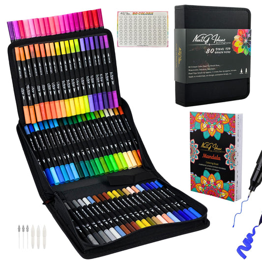 NextG Ideaz Dual Tip Brush Art Marker Pens, 80 Unique Color, Water-Based Ink, Fineliner & Brush Tip Pens for Arts Lover Adults, Coloring Drawing Book, Calligraphy Writing, Sketching and Doodling