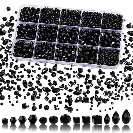 Song Xi 1500PCS Glass Beads for Jewelry Making, Assorted Faceted Crystal Beads Kit for Bracelet Earring Necklace, for DIY Clear and Iridescent Christmas Gift (Black) ﻿ ﻿