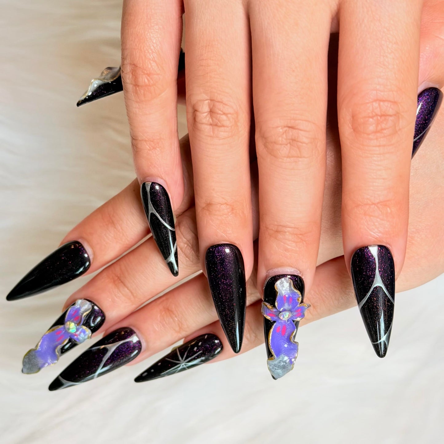 Avilux Press On Nails – Handmade, Reusable, 3D Designer Nail Art, 10Pcs Fake Nails for Women and Girls, Perfect for Holidays, Parties & Gifts (Mystic Orchid Glitter, Medium)