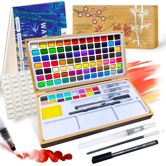 Watercolor Paint Set,100 Colors in Nature Bamboo Box,Portable Water Colors Kit with Papers and Brush Pens,Suitable for Adults, Art Students & Painting Enthusiasts