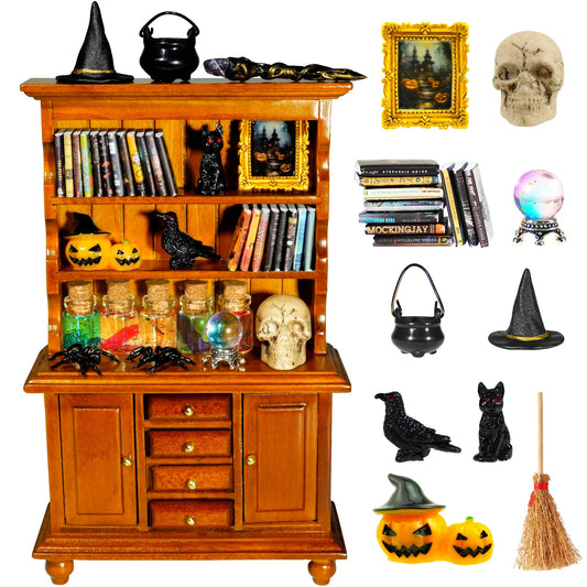 Rileryan 53 Pcs 1:12 Scale Magic Witchy Mini House Kit Halloween Miniatures Accessories Wooden Furnitures Bookshelf Bookcase 30 Mini Books Halloween Decoration