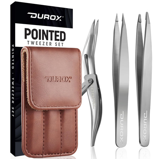 DUROX 3-Piece Tweezers Set for Ingrown Hair & Splinter Removal - 1. Pointed Ingrown Hair Tweezers, 2. Sharp Splinter & Sliver Remover, 3. Blunt Tip Facial & Chin Hair Tweezers, Stainless Steel, Pouch