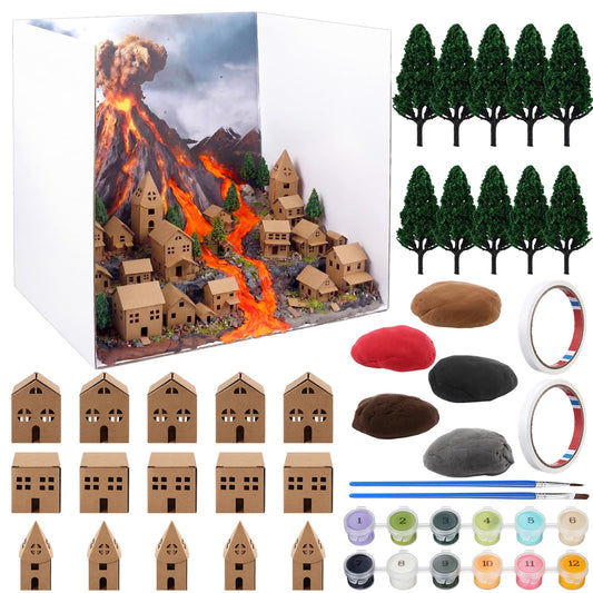 ReliThick 30 Pcs Volcano Diorama Kit Volcano Science Kit Diorama Science Project Model Miniature Village Model Trees Clay Acrylic Paints Display Box and Accessories DIY