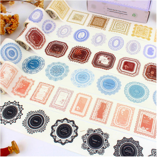Diuhofart Vintage Pre-Cut Lace Border Circle Stickers Tape for Journaling, 6 Rolls White Kraft Paper Decorative Tapes Set, Frame Labels for Scrapbooking, Junk Journal Supplies, Collage, Card Making