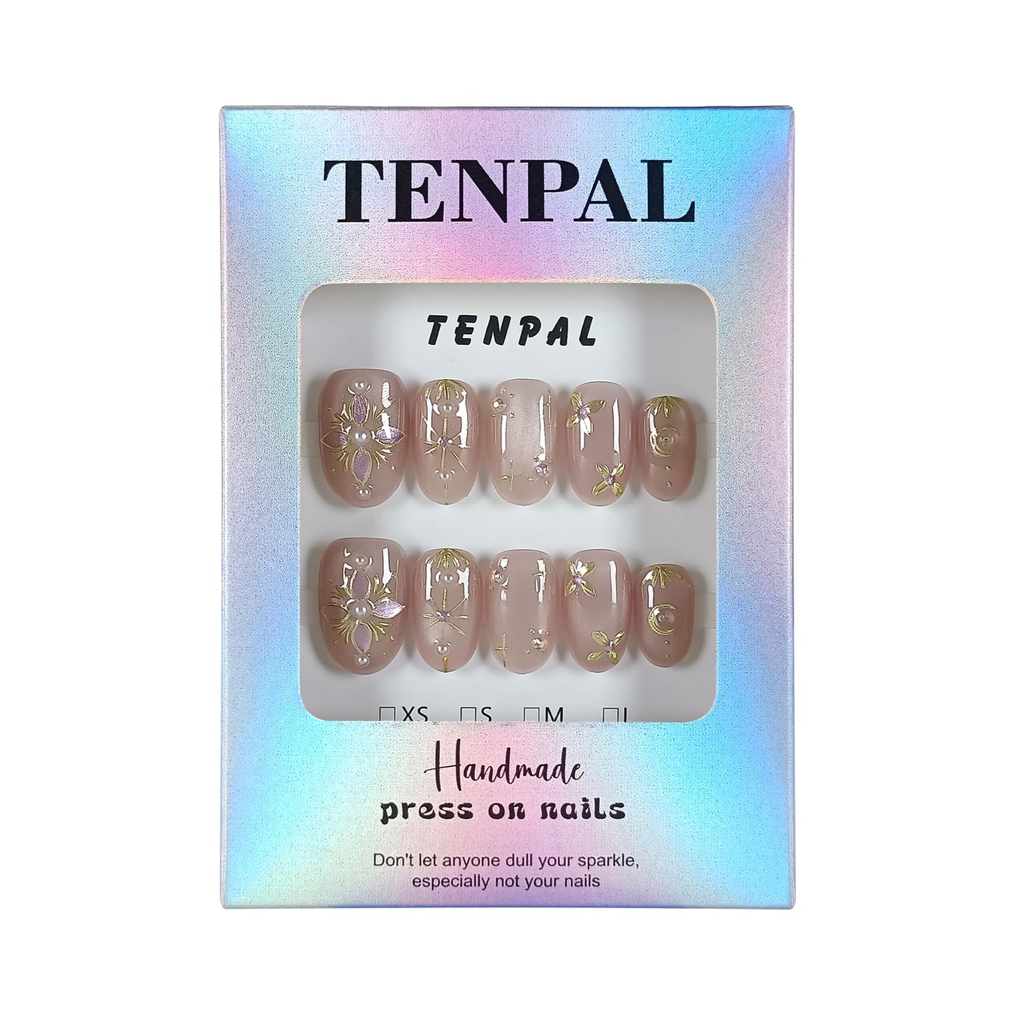 TENPAL Handmade Press on Nails Short Oval - Pink Cat Eye Glitter Sheer Nude Hand Painted Floral False Nails for Women - Glossy Acrylic Stick on Nails with Designs(S)