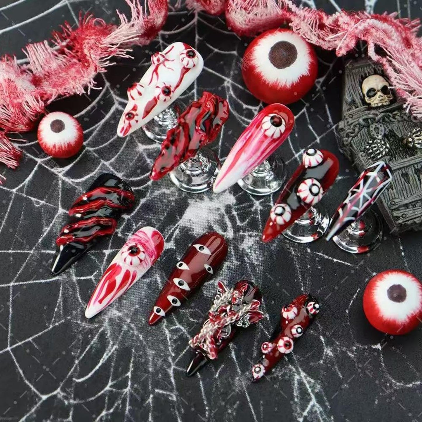100% Handmade Press on Nails Halloween Long Stiletto Fake Nails with Red Evil Eye Design Spiderweb Glue on Nails Charms Gothic Halloween Nail Press ons Reusable Handmade Nail for Women Manicure Size L