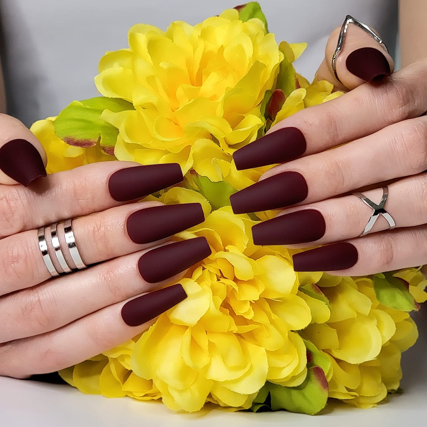 Hypnaughty Press On Nails - Maroon Xtreme & Noir Matte Coffin, Trendy & Salon Quality Reusable Nails With Kit