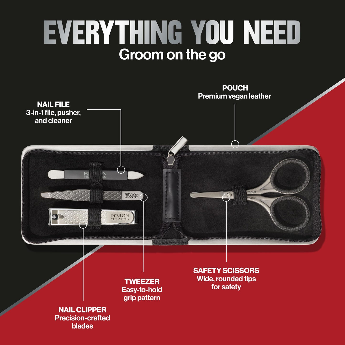 Revlon Men's Grooming Kit, 5-Piece Travel Essentials Set, Includes Nail Clippers, Scissors, File, Tweezers and Carrying Case, Stainless Steel, 1 count