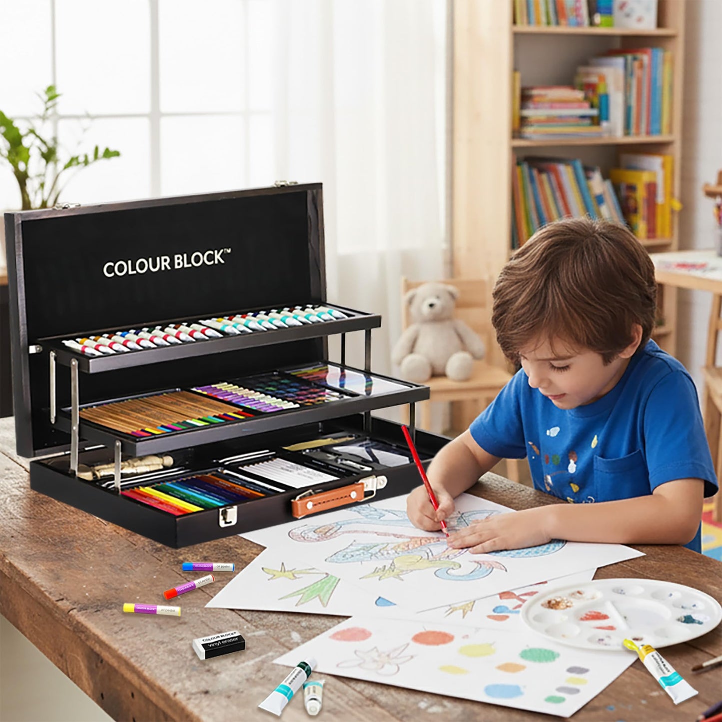 COLOUR BLOCK 181-Piece Mixed Media Art Set in Wooden Case for Drawing Sketching Painting, Soft Oil Pastels, Acrylic Watercolor Paints, Pencils, Art Supplies Kit for Artists, Professional, Adults, Beginner