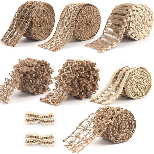 VGOODALL 7 Rolls Burlap Ribbon, Natural Jute Ribbons Lace Mesh Wedding Trim Decor, for DIY Wrapping Gifts Holiday Party Decorations