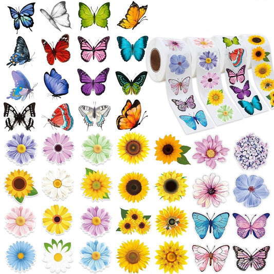 Butterfly Flower Sticker Rolls - 2000pcs (4 Rolls) 48 Design Colorful Assorted Butterfly Giftwrap Decals Gift Tags Label Decorative Flowers Giftwrap Stickers Favor Kids Scrapbook