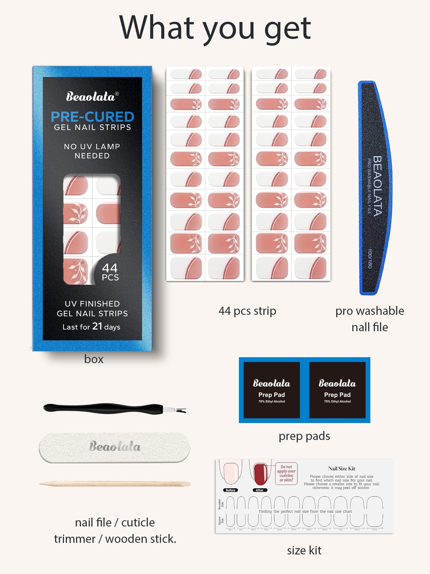 Beaolata Real Gel Nail Strips (No UV Light Needed) - 44Pcs Salon Quality Nail Stickers - Long Lasting Polish Wraps for Women, Easy Apply & Remove (Whispering Pink)