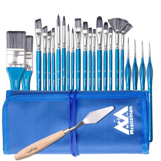 Mcenzinen 24 Pcs Paint Brushes, Professional Acrylic Paint Brush Set Artists Complete Range of Sizes with Palette Knife & Canvas Bag for Acrylic, Oil, Watercolor, Gouache