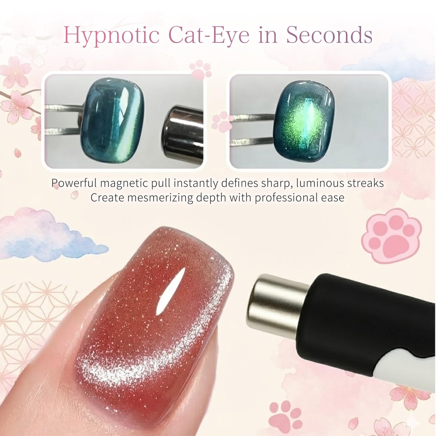 Sun&Beam Nails Cat Paw Magnet Stick for Cat Eye Gel Nail Art Tool with Heart & Bunny Light Effects (Gray)
