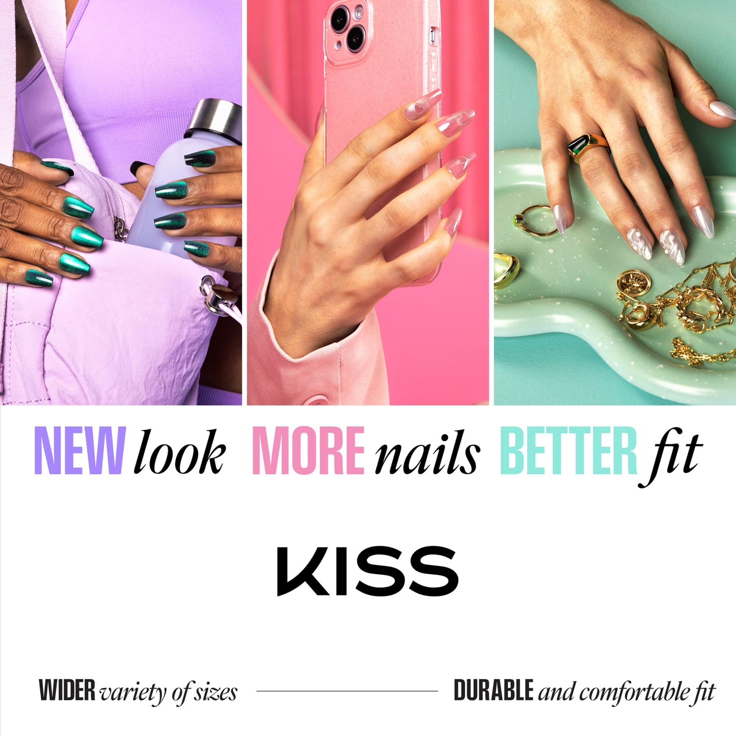 Kiss Core, Press On Nails, Nail glue included, 'Amazon Falls', Beige, Medium Size, Almond Shape, Includes 32 Nails, 2g Glue, 1 Manicure Stick, 1 Mini File