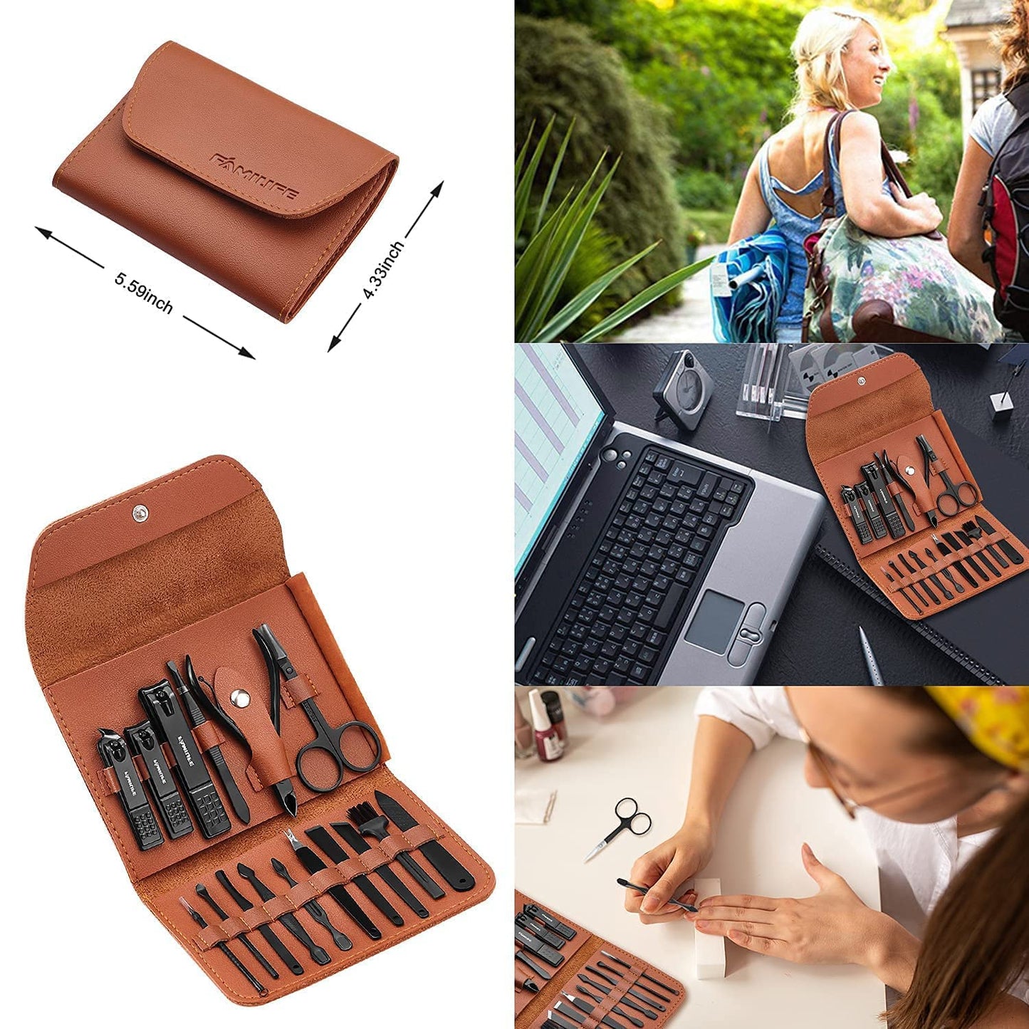 FAMILIFE Manicure Set, Pedicure Kit Nail Clipper Set 16pcs Professional Men Black Grooming Kit and 13pcs Pedicure Kit Rose Gold Nail Clipper Set Professional Manicure Kit Pink Stainless Steel