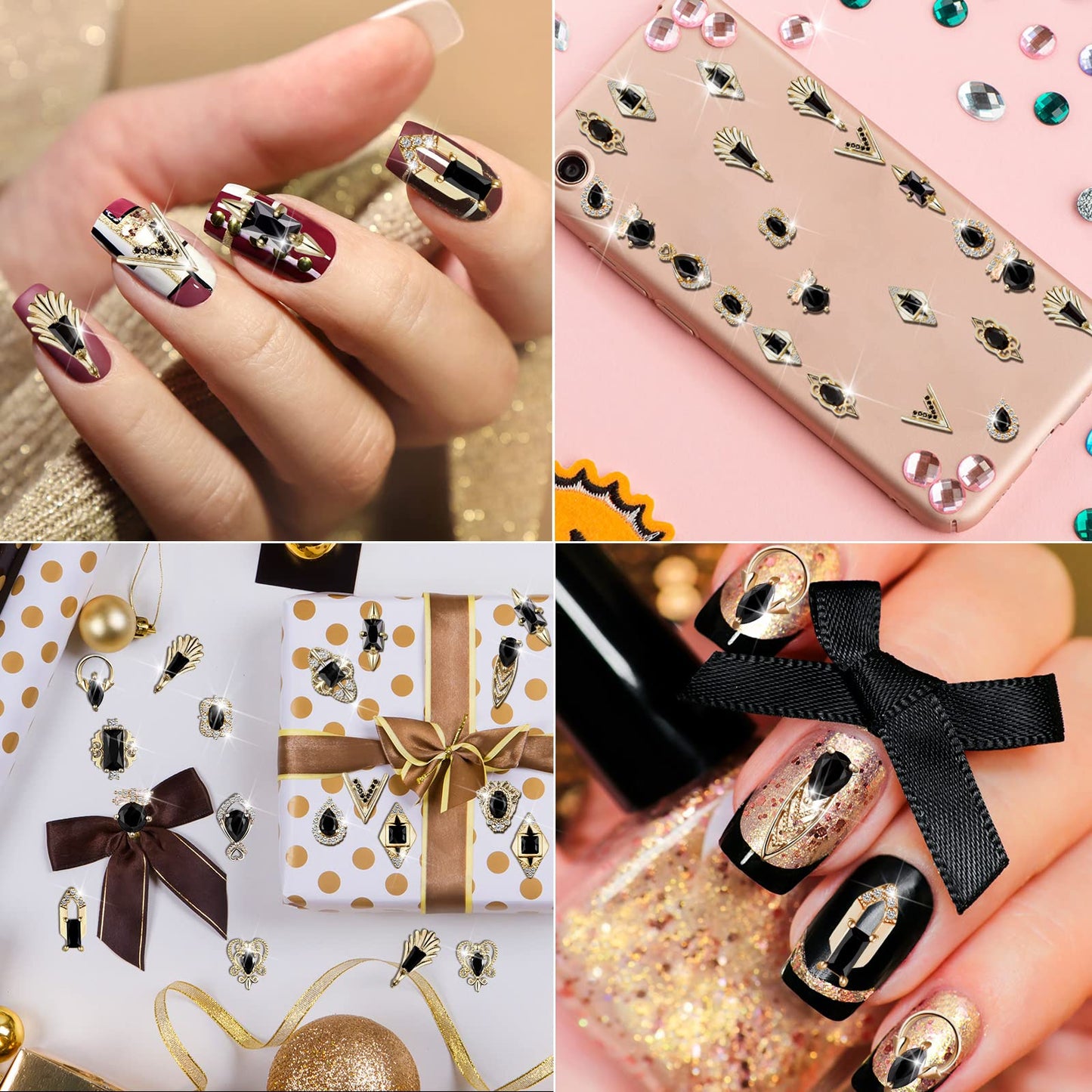 Leelosp 24 Pieces 3D Nail Charms Gold Luxury Black Rhinestones Nail Charms for Acrylic Nails Black Zircon Jewels Crystals Rhinestones with Storage Box for DIY Craft Art