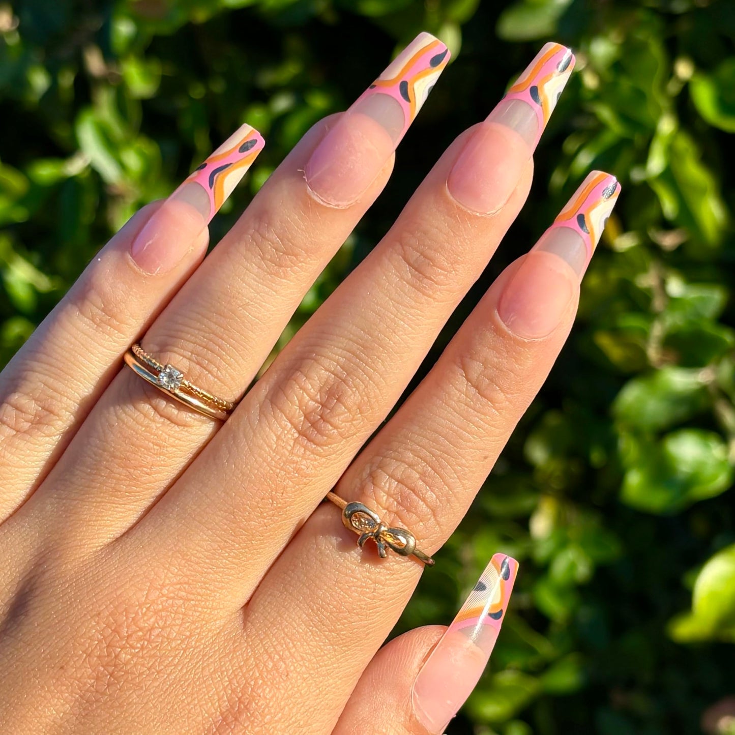 EXOTIC BABE Press-On Nails by Lavaa Beauty | Extra-Long Coffin | Orange Pattern French Tip Nails on Nude Base