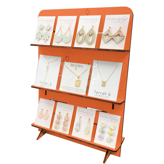 TORCHED DISPLAYS Jewelry Holder Necklace Organizer | Earring Display Stands for Selling | 3-Tiered Wooden Jewelry Holder Stand for Shops, Boutiques, Festivals | Display Rack Wood Stand | Orange