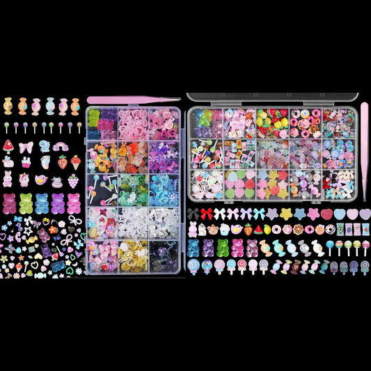 2 Box Assorted Acrylic 3D Nail Charms, Candy Nail Charms, Mix Color Flowers Bow Cartoon Bear Lollipop Nail Art Charms, Cute Nail Charms for Nail Art DIY Crafts Accessories