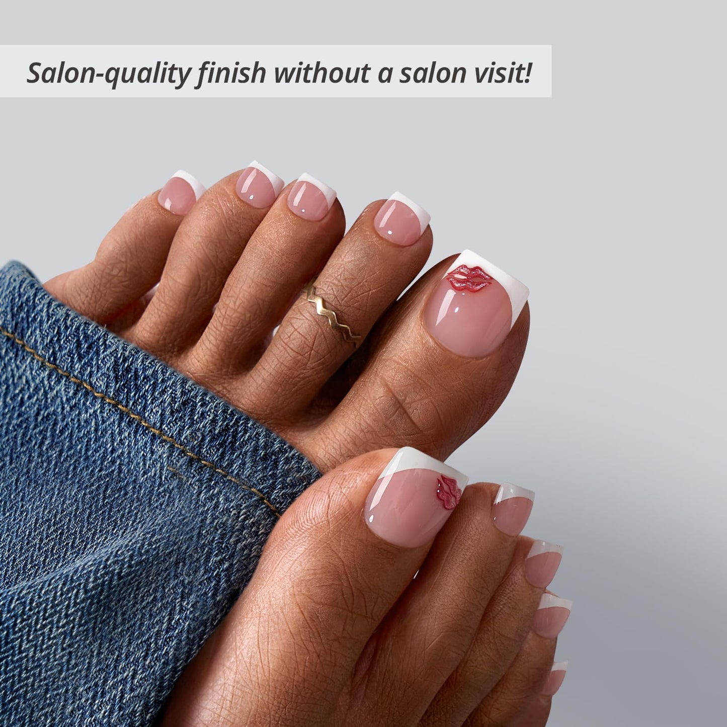 BTArtbox Press On Toenails Short - Date Night, Lamp-Curable 3D Red Lips French Tip Square Toe Nail Press Ons with Glue and Adhesive Tabs for Women in 15 Sizes - 30 Toenails All-in-One Kit