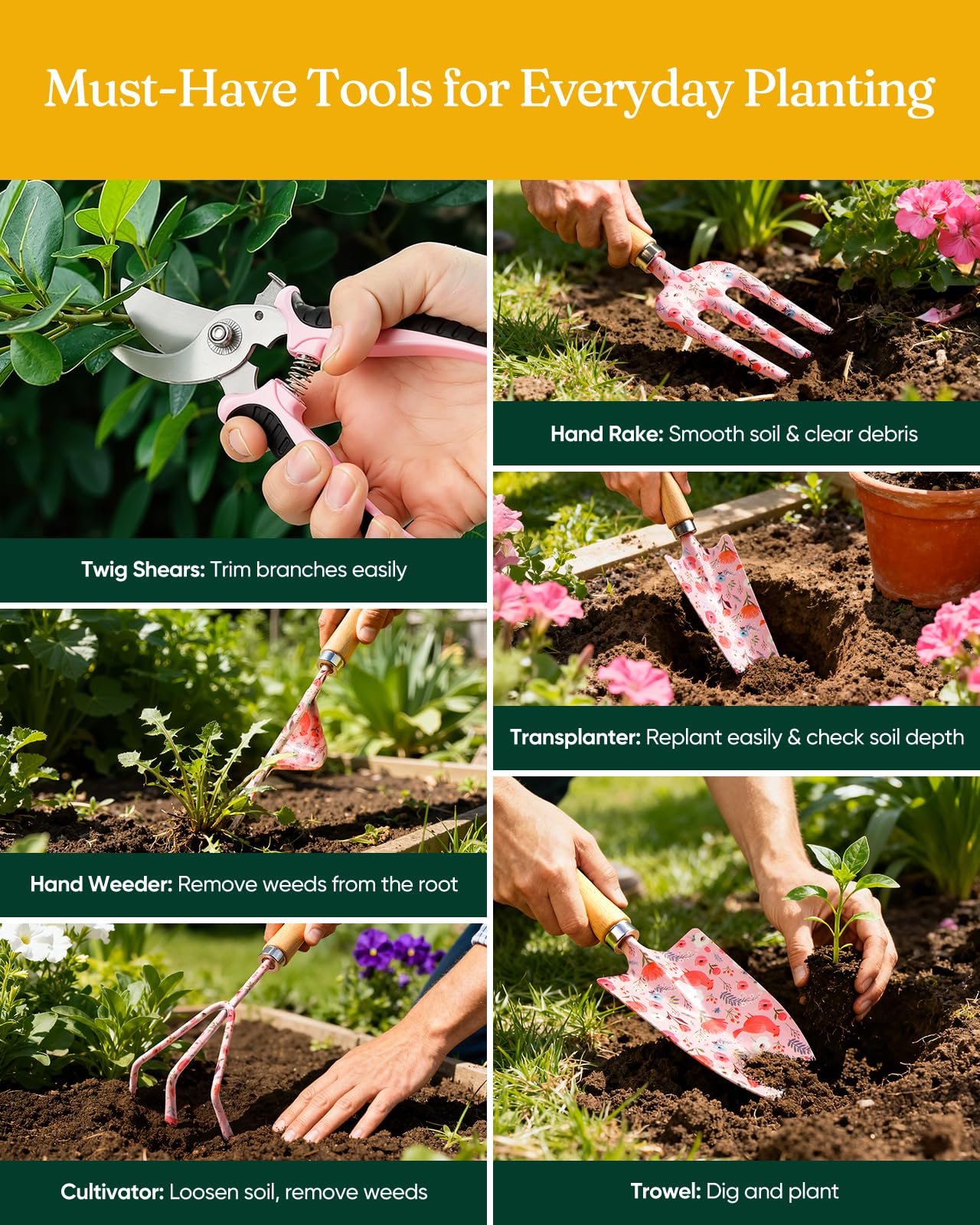 Grenebo 12-Piece Womens Gardening Tools Gift Set, Rust-Proof & Heavy-Duty Garden Tools with Durable Carrying Case, Fashionable & Thoughtful Gardening Gifts for Women&Men (Pink)