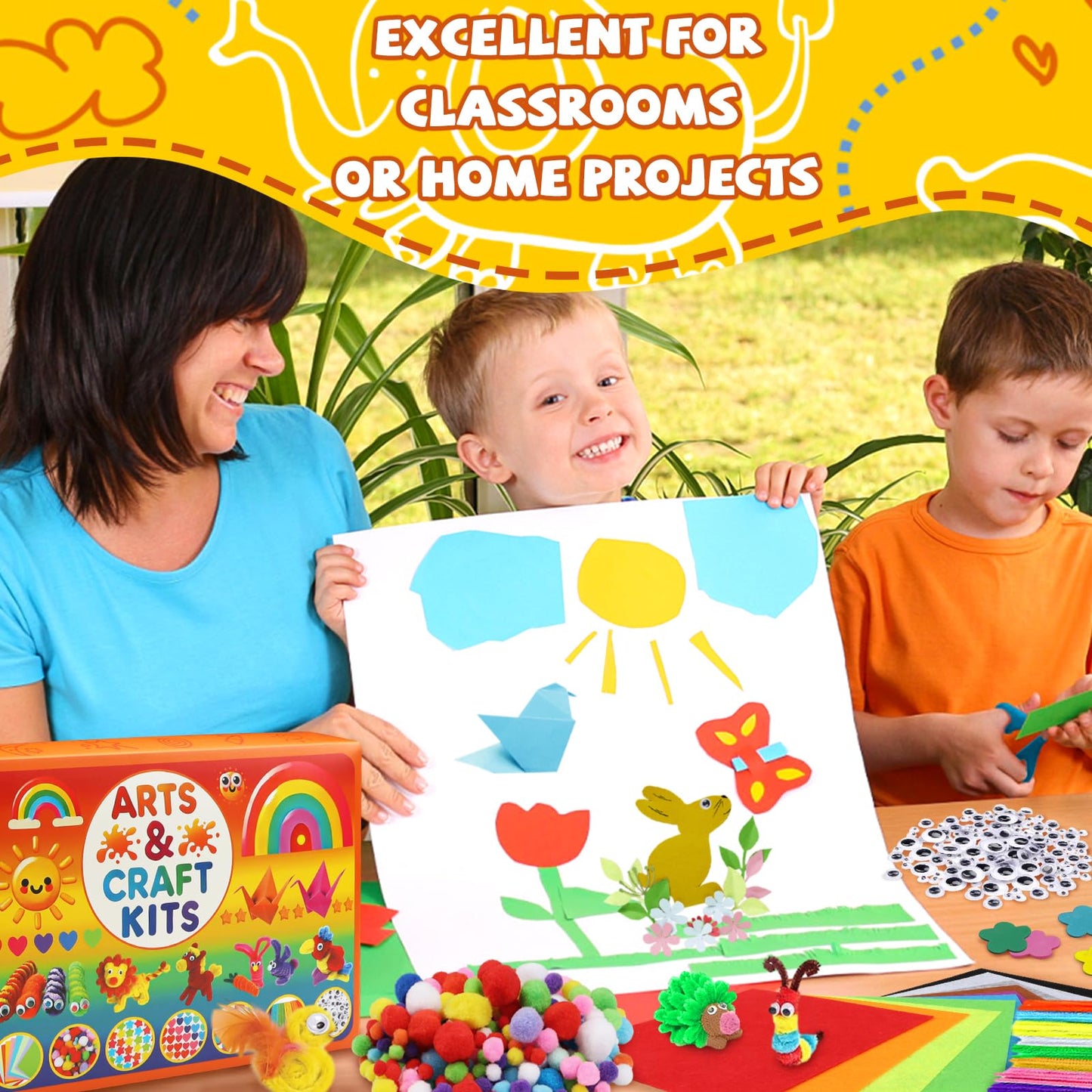 DOITEM Pipe Cleaners Craft Supplies, 1800Pcs Arts and Crafts Supplies DIY School Craft Project Including Pipe Cleaner Pom Poms Craft Kits for Kids Over 8 Years Old