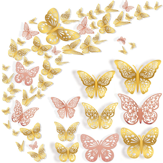 Nelotaor 72 Pcs Butterfly Wall Decor, 3 Styles 3 Sizes 3D Butterfly, Gold and Rose Gold Butterfly, Wedding Decorations, Birthday Party Decorations, Girls Bedroom Decoration(72 Pcs, Gold and Rose Gold)
