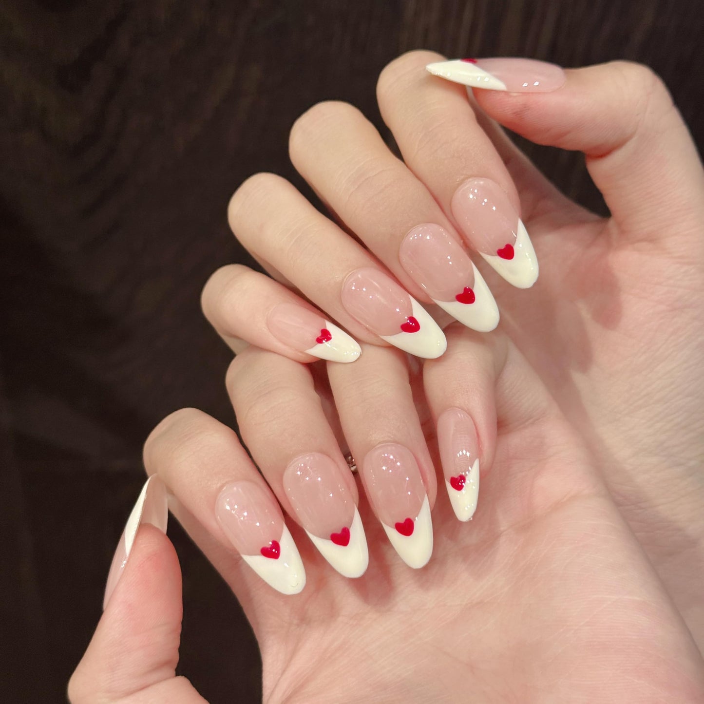 Tesytto Medium Almond Press on Nails - Red Heart Fake Nails Full Cover Glossy, Classic White Edge Design French Tip Handmade False Nails(Creamy Heart French,S)