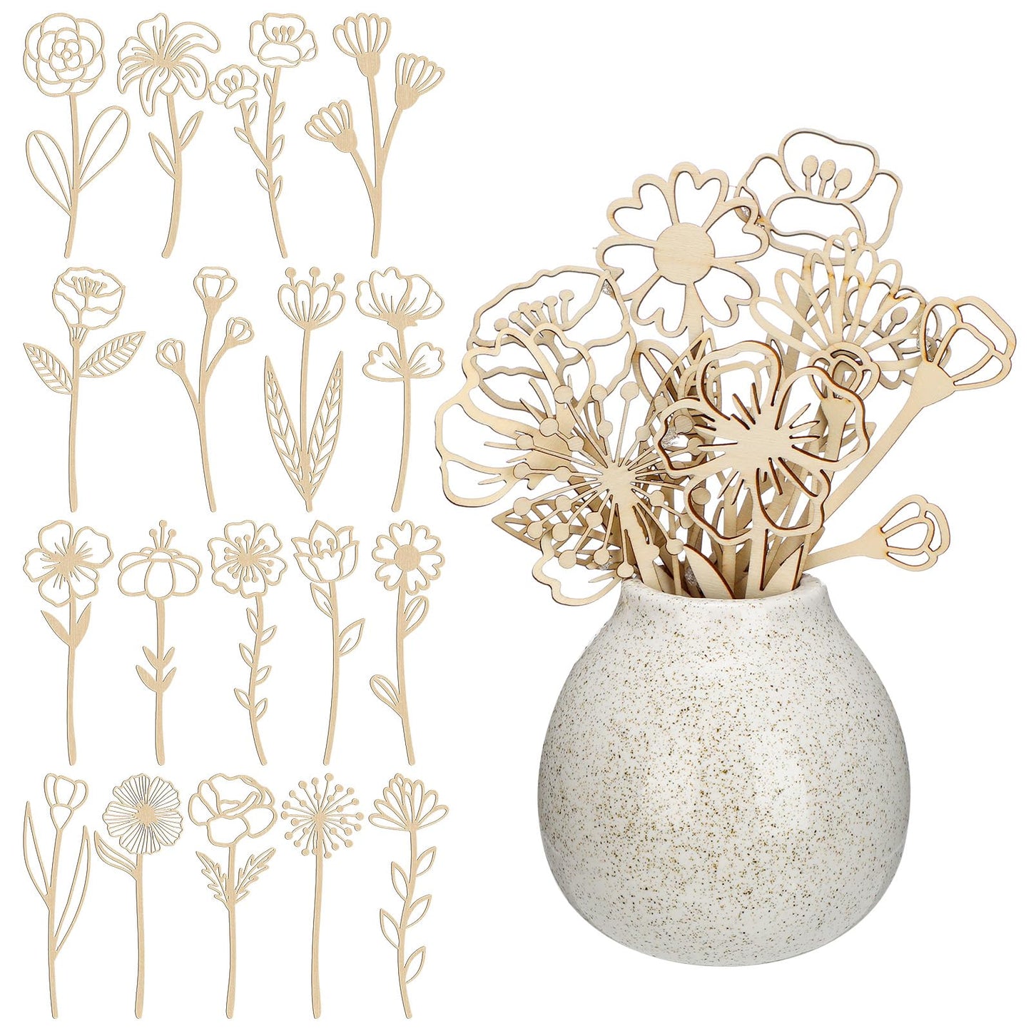 RattanView 36 Pcs Wooden Wildflower Decor Set Wood Flowers Cutout Signs Wildflowers Stems Laser Cut Flowers for Home Birthday Holiday Art DIY Decoration