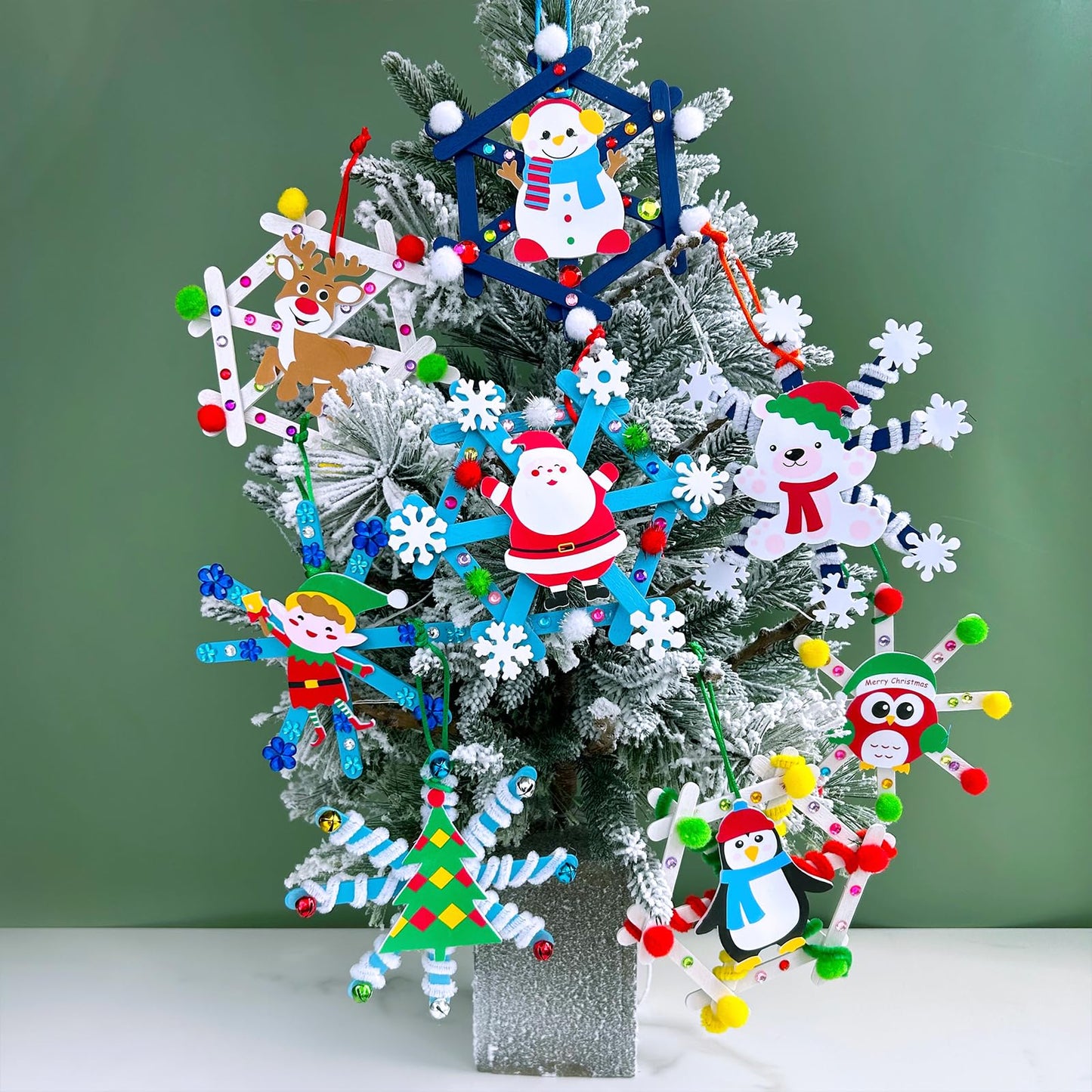 Winlyn 24 Sets Christmas Craft Kits Winter Crafts Popsicle Stick Snowflake Ornaments Decorations Art Sets Craft Stick Snowflake Christmas Stickers for Kids Holiday Classroom Activities Party Favors