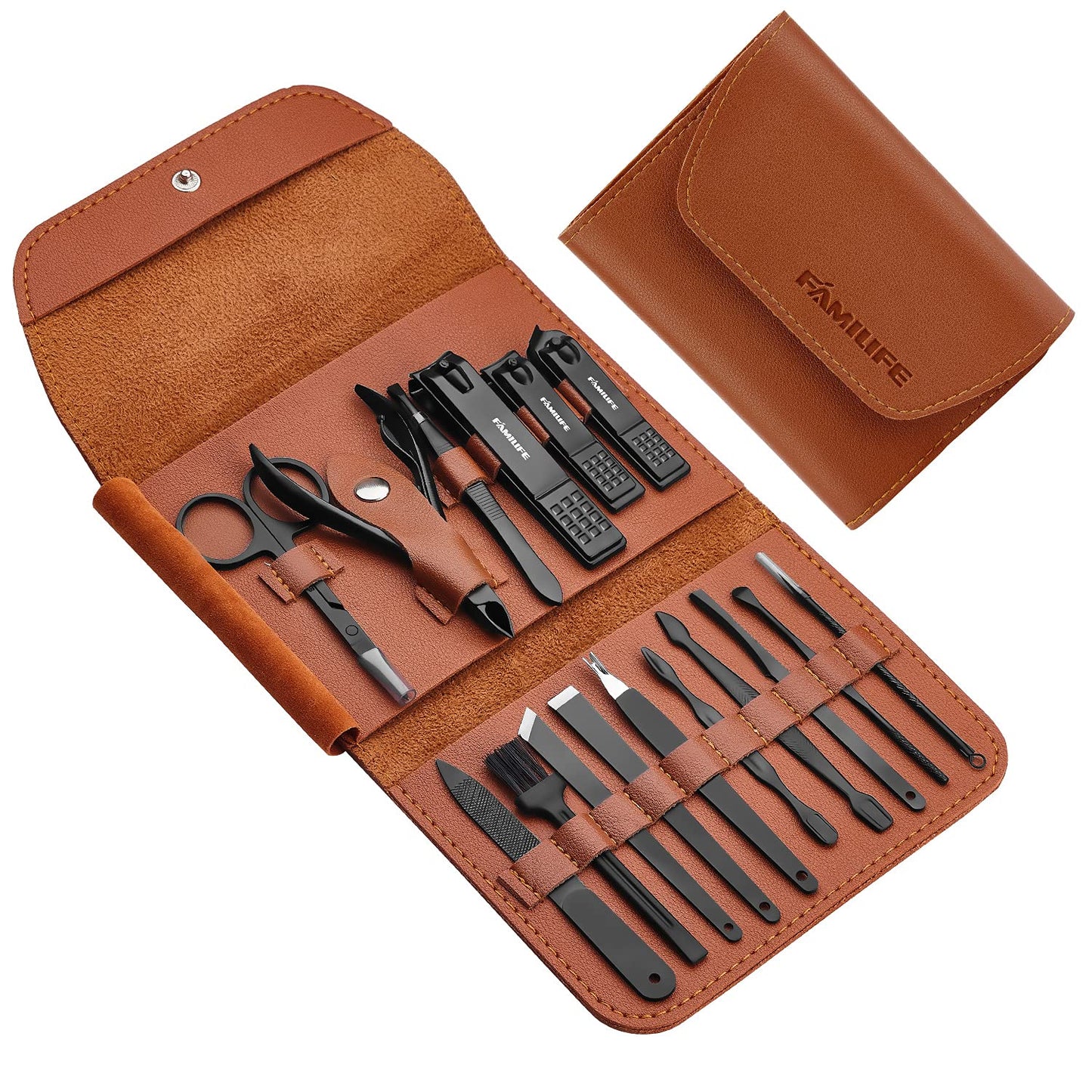 FAMILIFE Professional Manicure Kit Nail Clippers Set 11 in 1 Stainless Steel Pedicure Tools Kit Grooming Kit and 16pcs Gifts for Men Stainless Steel Portable Brown Leather Nail Kit Mens Gifts