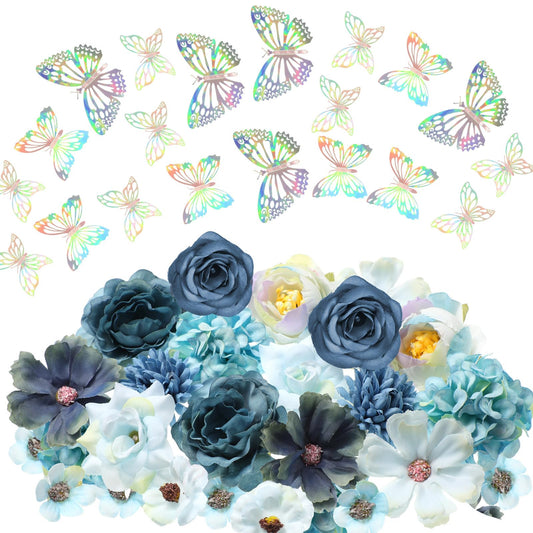 Canlierr 32 Pcs DIY Graduation Cap Decorations Accessory Kit Include Faux Flower Heads 3D Butterfly Grad Cap Decorations(Blue Tone)