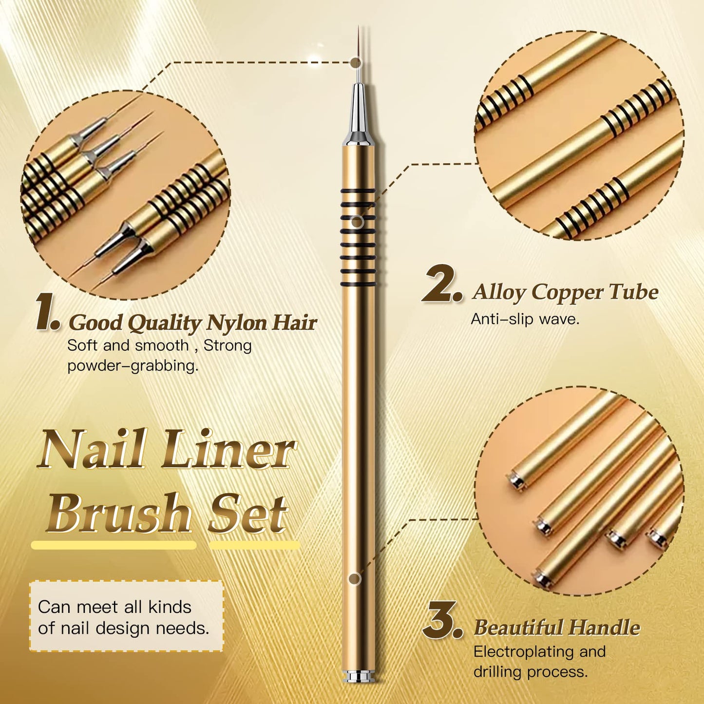 Nail Art Liner Brushes Set, 6Pcs Nail Art Design Brush Striping Thin Long Lines Dotting Drawing Pen, UV Gel Polish Painting Metal Handle Striper Brushes Size 5/7/9/11/20/25mm