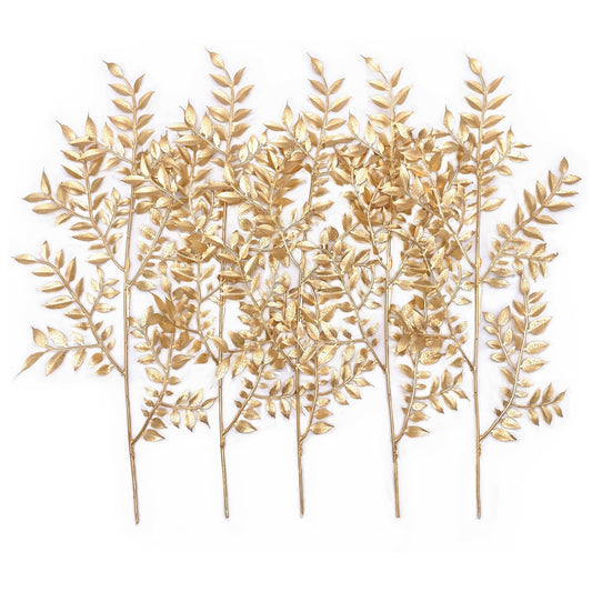 PASYOU Fake Leaves Plants for Christmas Decor, Gold Artificial Shrubs Grass Foliage Plastic Bulk Leaf Indoor Outdoor Home Garden Party Hotel Verandah Wedding Event Faux DIY Decoration - Golden 5 Pack