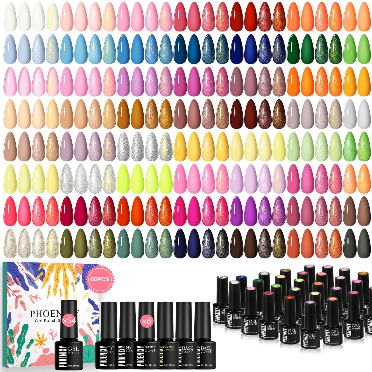 phoenixy 60 Pcs Gel Nail Polish Set, 54 Colors Gel Polish Milky White Burgundy Red Blue Yellow All Season 6 Pcs Base Top Coat DIY Beginners Gift Set for Women