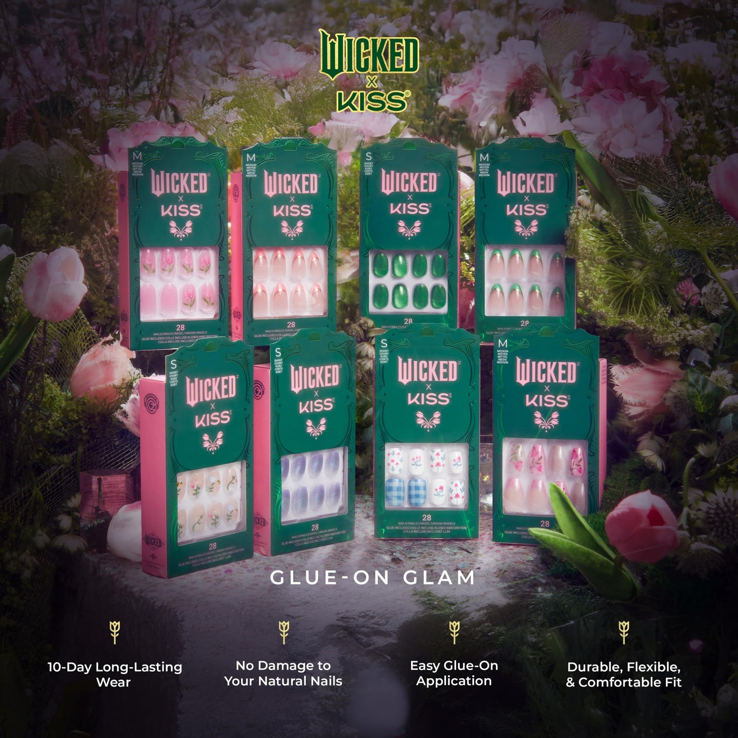 WICKED X KISS Press On Nails, ‘Bloom in Land’, Pink, Medium Oval, Waterproof, Chip Proof, Smudge Proof, 28 Fake Nails, Pink Gel Nail Glue (2g), Mini Nail File, & Manicure Stick
