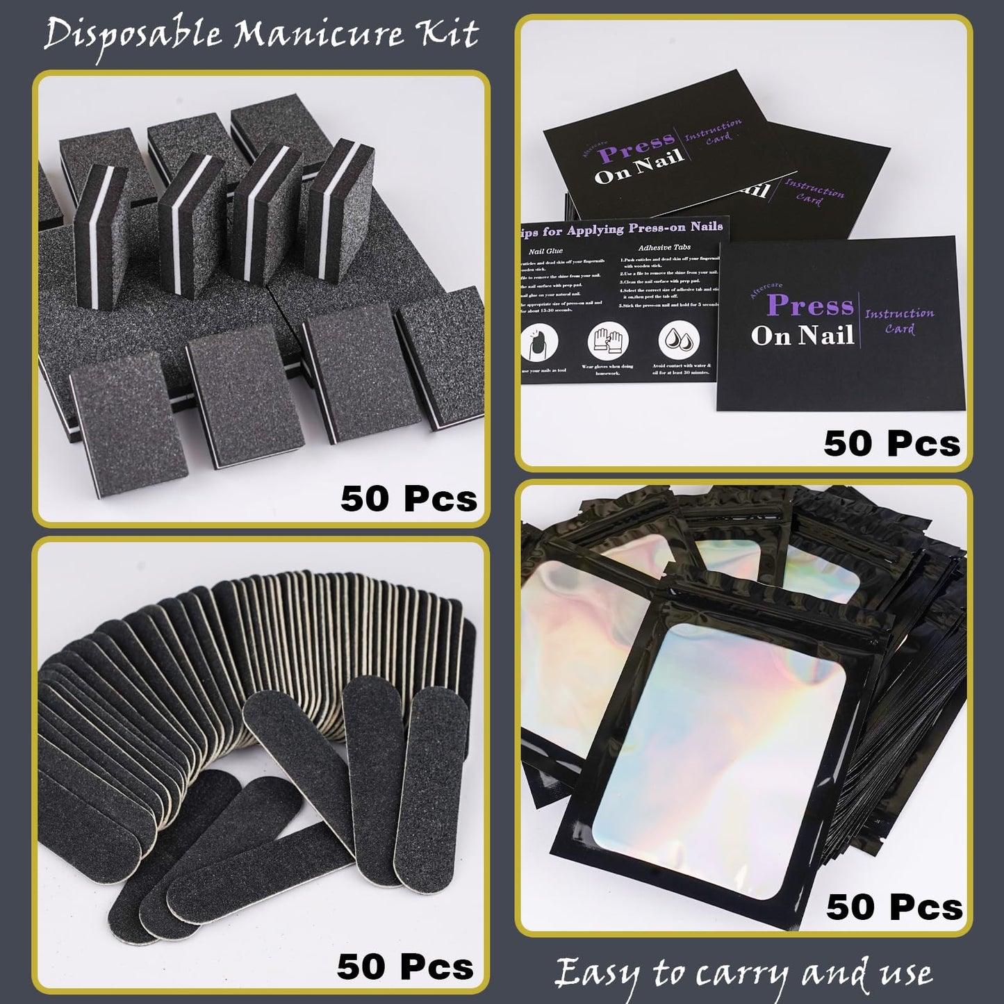 50 Set Disposable Nail Supplies Kits,Professional Manicure Press On Nail Tool Kit With Nail File ,Nail Buffer,Adhesive Tabs,Nail Glue,Sticks, Prep Pads,Bags,Instruction Cards for Nail Business(Black)