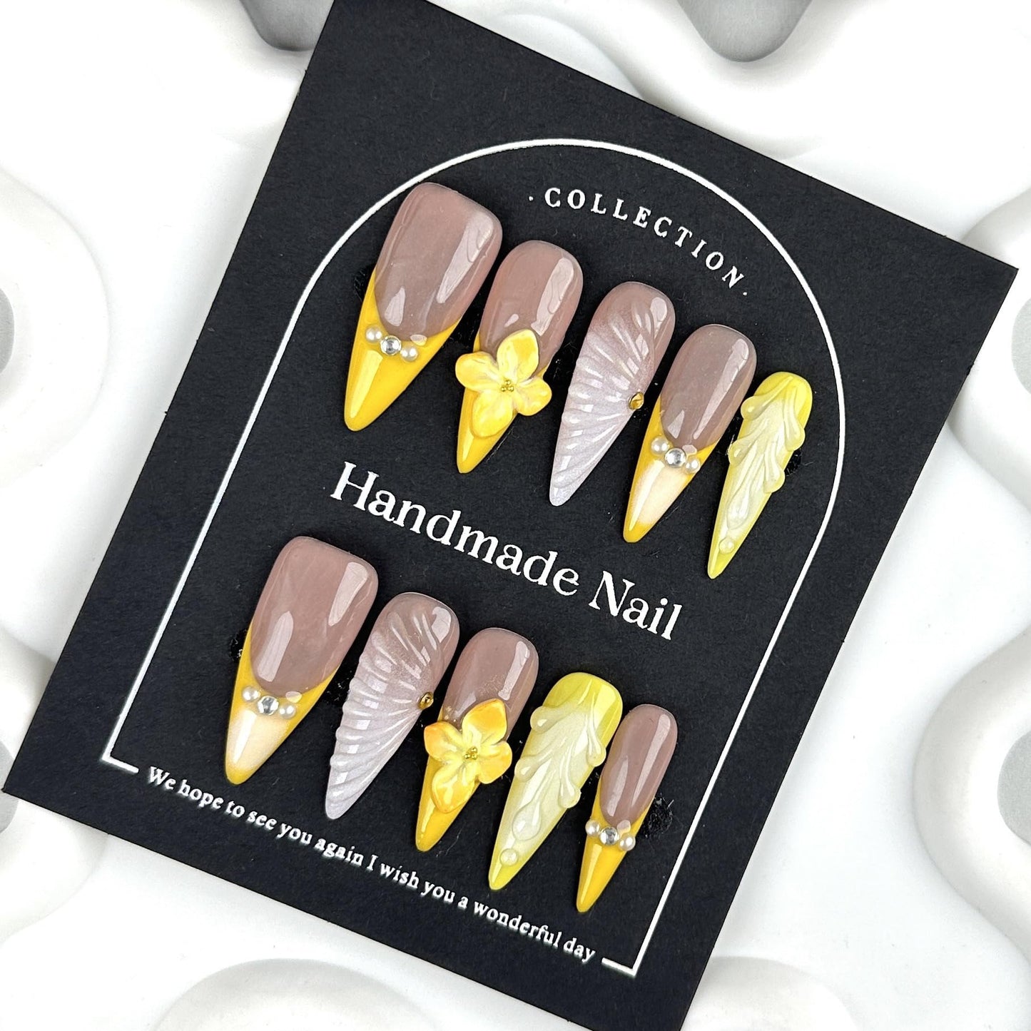 100% 5D Handmade Press on Nails with Charms Long Stiletto Nails Press ons- Water Ripple False Nails Ombre Orange Yellow Press on Nails Flower Fake Nails for Women Girls Daily Wear DIY Manicure Size L