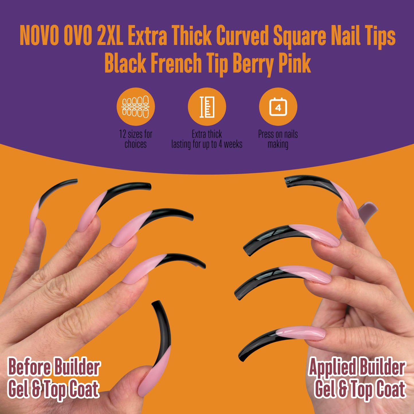 NOVO OVO Halloween Black XXL Curved Square French Tip Nail Tips Press on BERRY PINK, Full Cover Extra Thick Long XL Acrylic Hawk Curve Fake Extension Kit, Need Top Coat for Salon DIY 12 Sizes 144 pcs