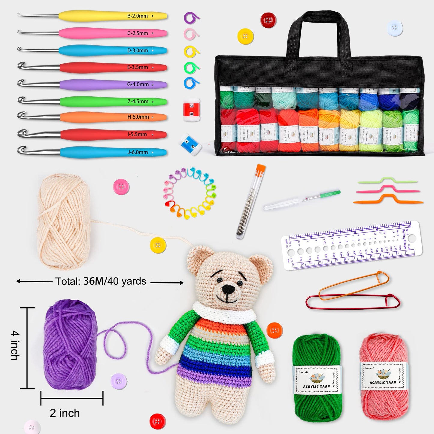 INSCRAFT 113 Piece Crochet Kit with Yarn Set– 1600 Yards Assorted Yarn for Knitting and Crochet, 73PCS Crochet Accessories Set Including Ergonomic Hooks, Knitting Needles & More Ideal Beginner Kit