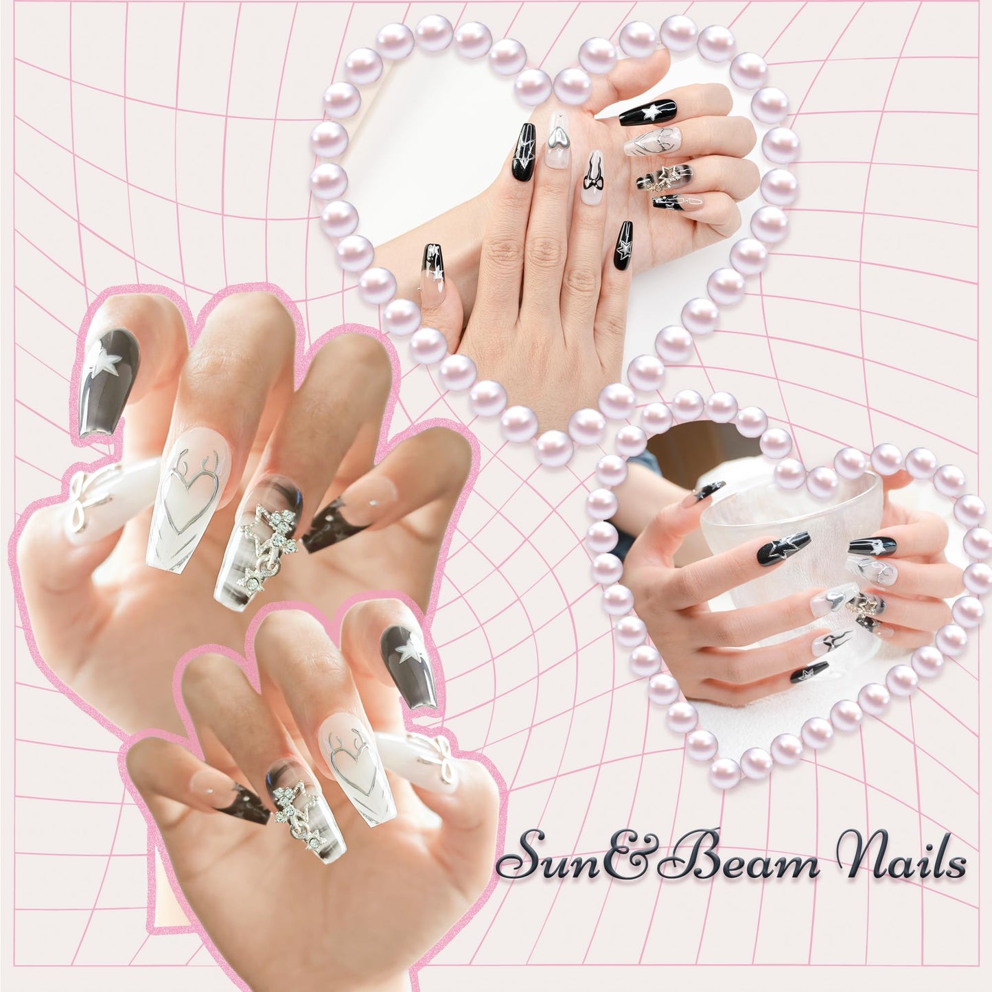 Sun&Beam Nails Handmade Press-on Medium Coffin Ballerina Black Silver White Grey French Star Rhinestone Design Fashion False Nail Tips 10 Pcs Set (#178 M)