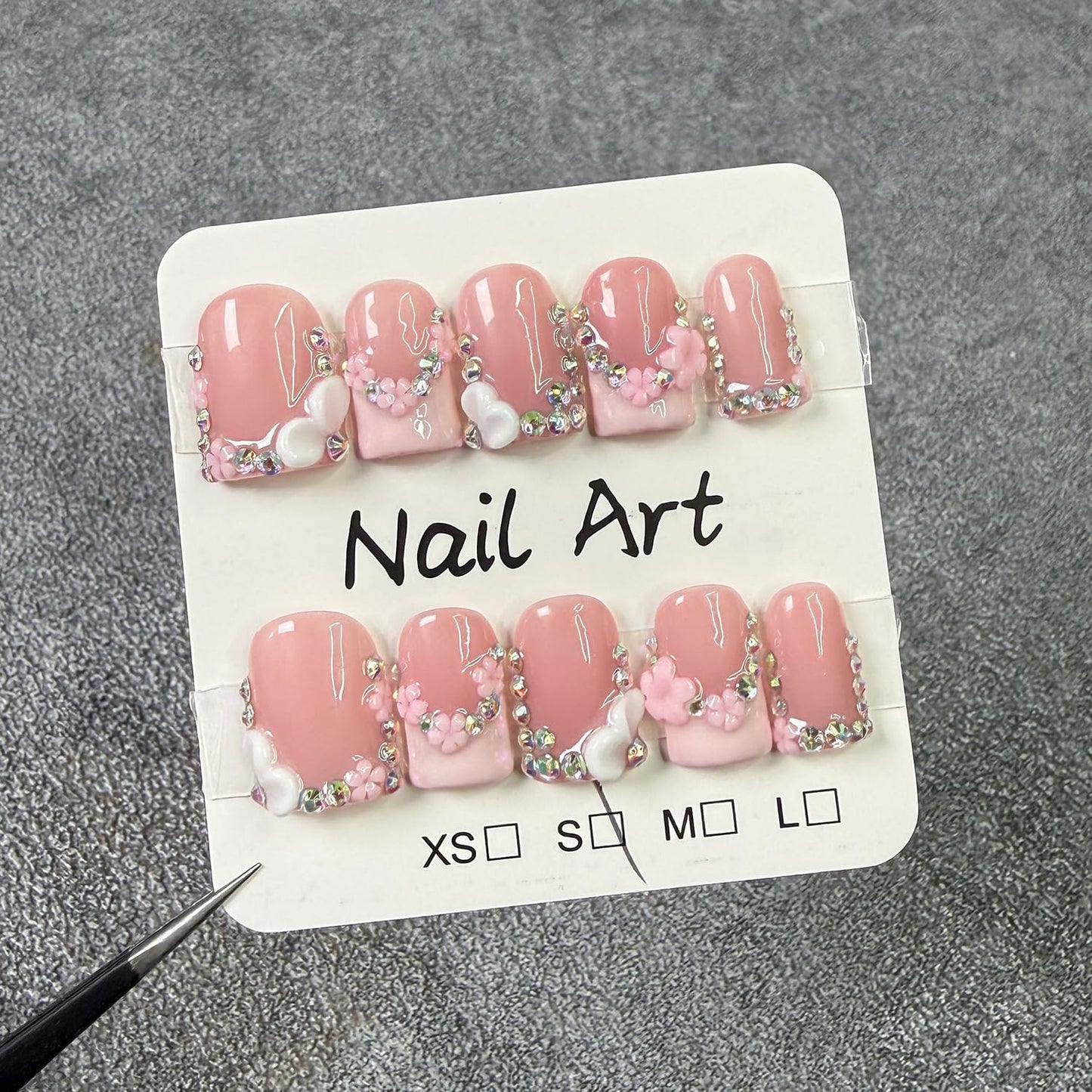 Luxury Press on Nails Short Square Handmade 3D Unique Reusable ABS Material Fake Nails French Tip False Nails with Designs Flower Rhinestones Pink Glossy Glue on Nail Thick Acrylic Nail(M)