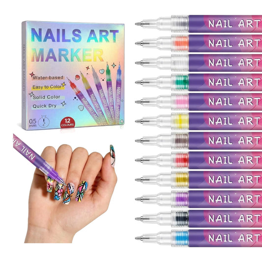 12 colors Nail Art Pens with 0.5mm Fine Tip, Waterproof Quick Dry Nail Polish Pens for DIY Manicure, Easy to Color Nail Design Tools for Fine Lines and 3D Patterns