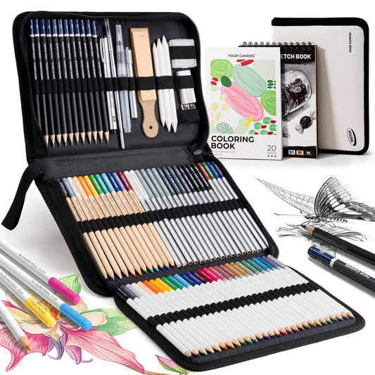 Four Candies 87 Pack Sketching Kit for Artist Gifts, Art Supplies, Drawing Set with Colored Pencils, Sketchbook, Coloring Book, Complete Drawing Tools in Zipper Case for Adult, Teens & Beginner