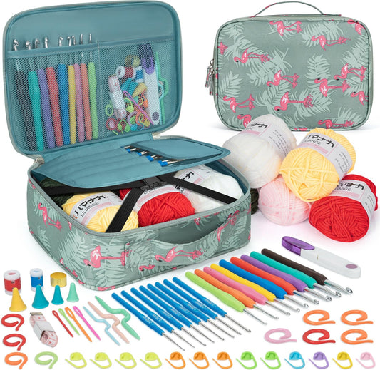 GMAK 59 PCS Crochet Kit for Beginners Adults, Crocheting Sets Include Yarn, Hooks and Tools, Portable Crochet Starter Kit for Making Variety Projects Crocheting Supplies, Blue Flamingo