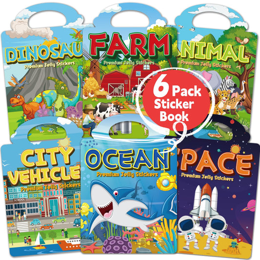 CREATIVETREES 6 Sets Reusable Sticker Book for Toddlers 3-6, Jelly Sticker Books for Toddler, Travel Sticker Activity Toys for Kids 3 4 5 6 Years Old Girls & Boys