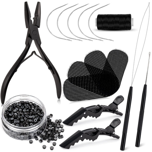 NEWISHTOOL Hair Extension Tool Kit - Silicone Micro Beads, Stainless Steel Beads Plier, Metal Bead Threader and Needle Pulling Hook for Beading Hair Extensions, Girls Cosplay Party Hair Styling Tool